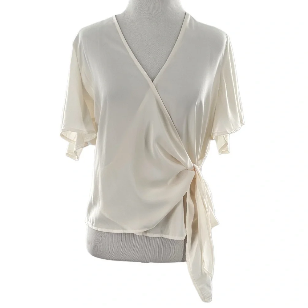 Express womens top size M cream wrap flutter sleeve career